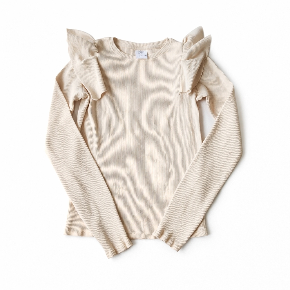Zara Girls Ribbed Ruffle Shoulder Long Sleeve Top Cream Size 13-14